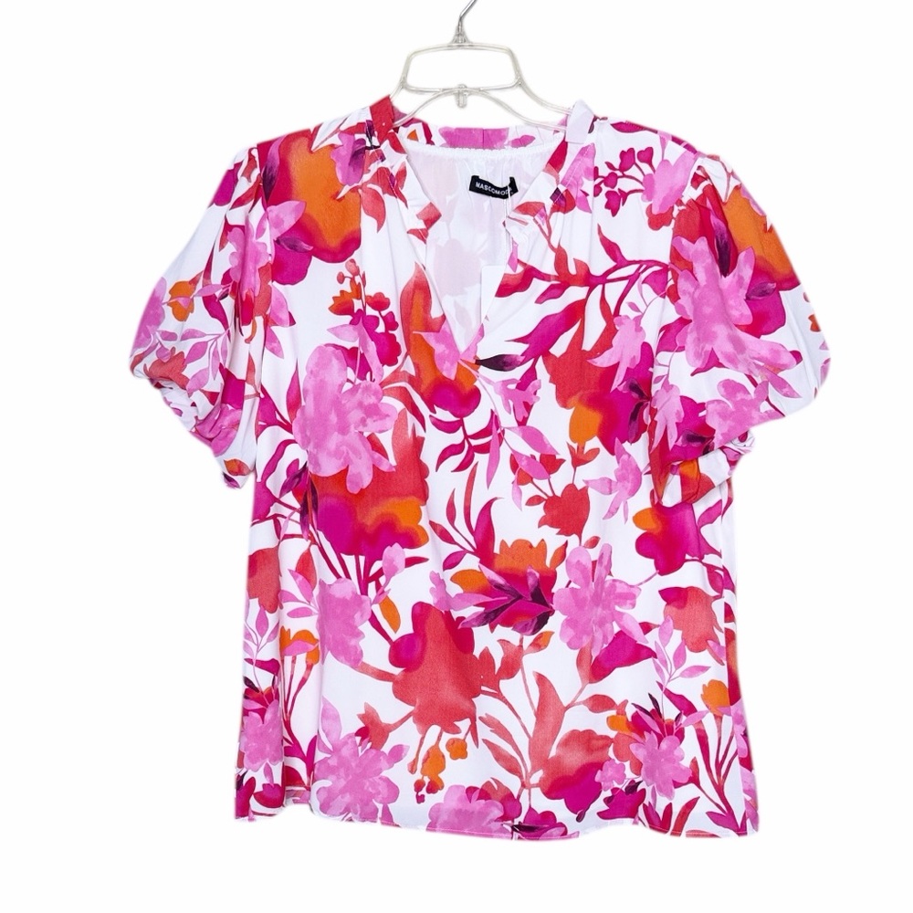 Floral Pink and Orange Bubble Sleeve Women's Top